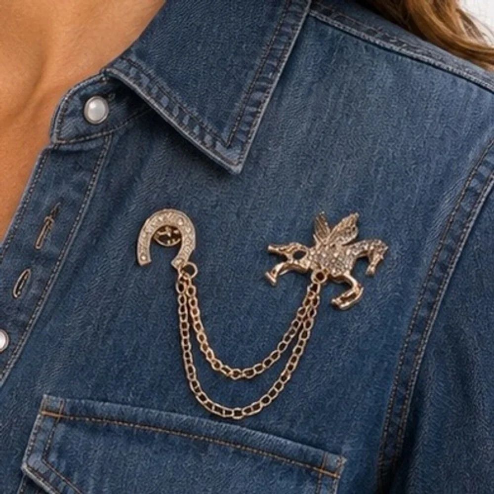 Pegasus & Horseshoe Rhinestone Draped Chain Brooch Collar Pin Hat Accessory